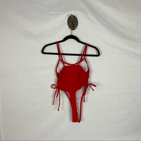 NWOT Red High Leg French Cut Ultra Cheeky Backless Tie Sides One Piece Swimsuit - Picture 3 of 8